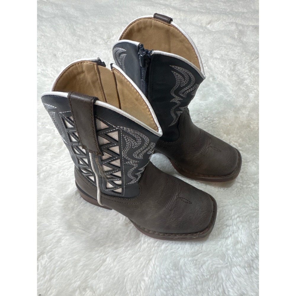Roper Cowboy Boots Toddler Size 8 Brown Navy Blue Good Square Toe Zipper Western